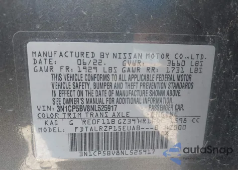 2022 Nissan Kicks S Xtronic Cvt z USA, uszkodzony, nr VIN 3N1CP5BV8NL525917